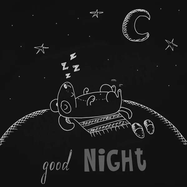 El encantador perro de animación duerme sobre fondo negro. Tarjeta de buenas noches — Archivo Imágenes Vectoriales
