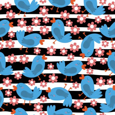 Kuşlar. Sevimli küçük kuşlar ve çiçekler ile Seamless Modeli
