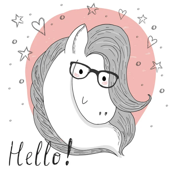 Lindo caballo y gafas bosquejo garabato. Ilustración vectorial . — Vector de stock