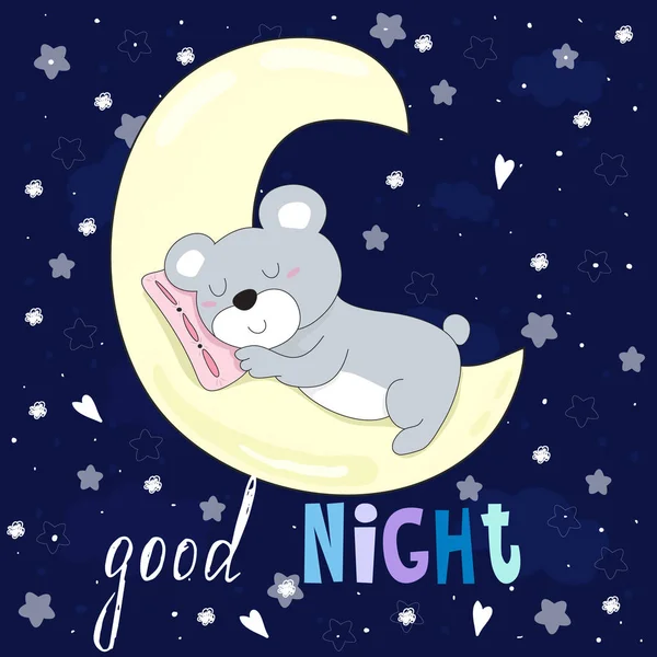 Welterusten vector kaart met beer slaap op de maan — Stockvector