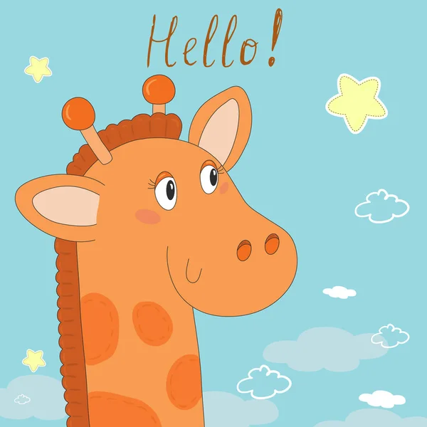 Carino disegnato a mano giraffa con nuvole vettoriale illustrazione — Vettoriale Stock