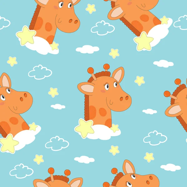 Girafa desenhada à mão bonito com ilustrações de vetor de nuvens. Padrão de impressão para crianças . —  Vetores de Stock