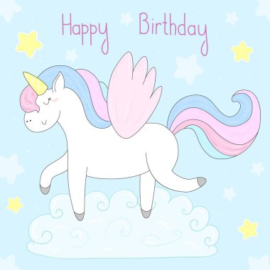 Şirin unicorn çocuklar için yazdırma. mutlu doğum günü kartı
