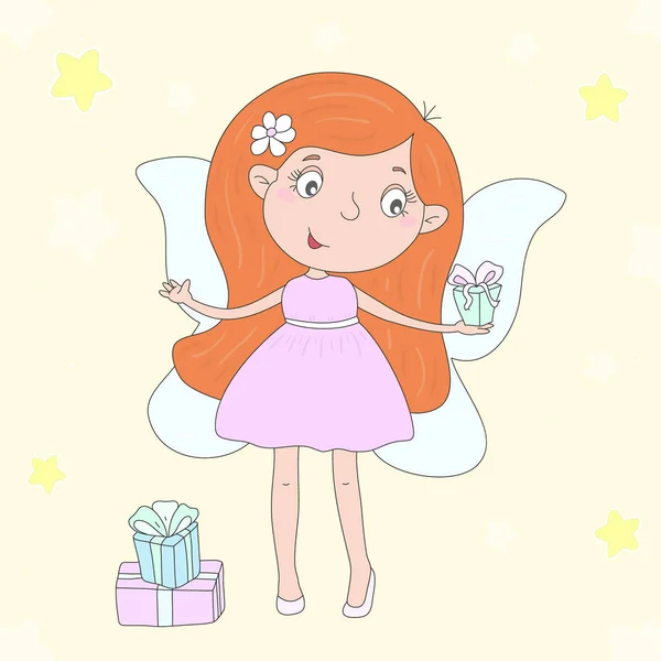 Hand dras söta tecknade Fairy med gåvor, vektorillustration — Stock vektor