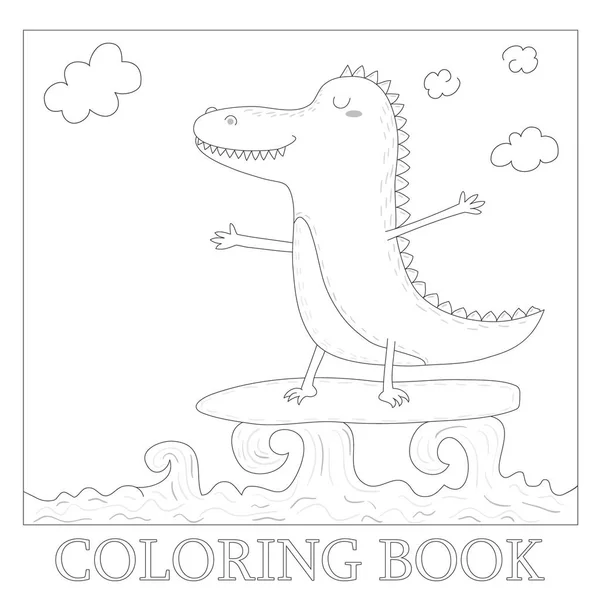 Libro para colorear con cocodrilo lindo surf a flote vector ilustración — Vector de stock