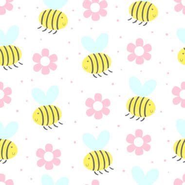 Arılar ve çiçekler ile şirin el çekilmiş seamless modeli