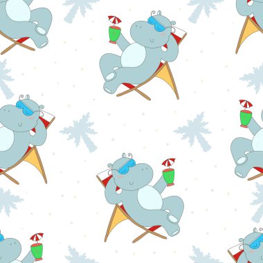 Sahil, vektör çizim içinde su aygırı ile şirin seamless modeli. Yazdırılabilir şablon.