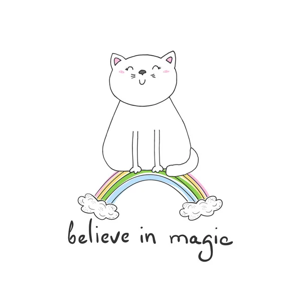 Dibujado a mano lindo gato en un arco iris, garabato ilustración para niños vector de impresión — Vector de stock