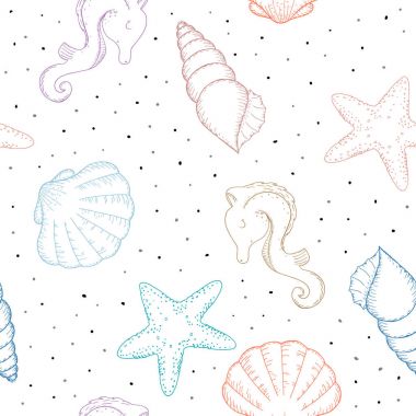 Elle çizilmiş vektör resimleri - deniz kabuklarını seamless modeli. Deniz arka plan