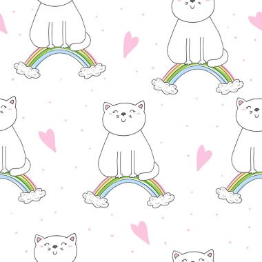 Şirin kedi üzerinde bir gökkuşağı, doodle gösterim amacıyla çocuklar vektör yazdırma ile çizilmiş seamless modeli el