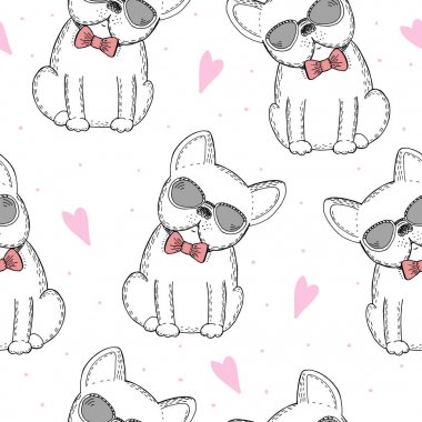 Siyah ve beyaz vektör kroki bir köpek ile Seamless modeli. Vektör çizim