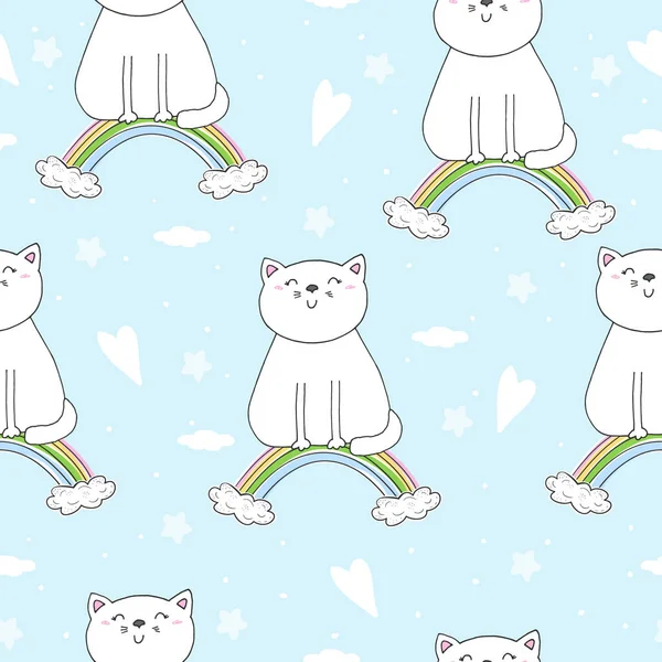 Ručně tažené bezešvé pattern s roztomilý kočka na duhu, doodle ilustrace pro děti vektorový tisk — Stockový vektor
