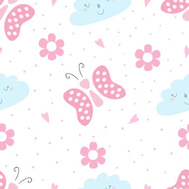 Şirin el çekilmiş seamless modeli kelebek ve bulut vektör çizim ile