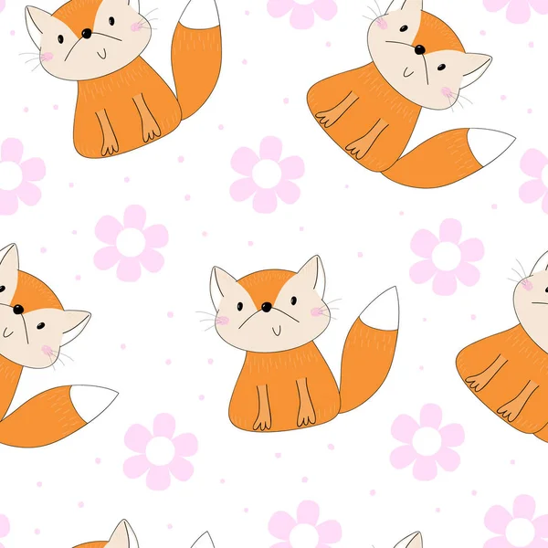 Lovely seamless pattern with cute foxes and flowers. Awesome background in bright colors in vector — Stock Vector