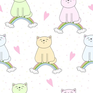 Şirin kedi üzerinde bir gökkuşağı, doodle gösterim amacıyla çocuklar vektör yazdırma ile çizilmiş seamless modeli el