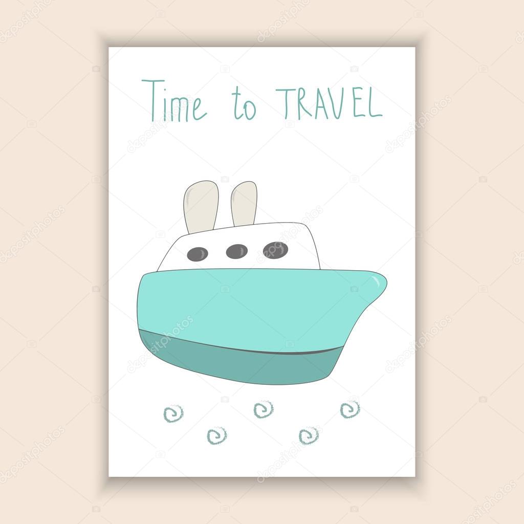 Cute hand drawn card with ship. Printable template.