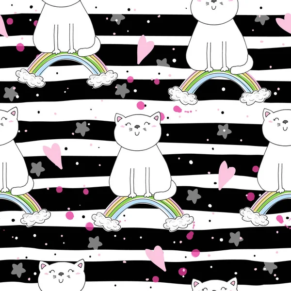 手与可爱的猫咪在彩虹上，孩子矢量打印的涂鸦插图绘制无缝模式 — 图库矢量图片
