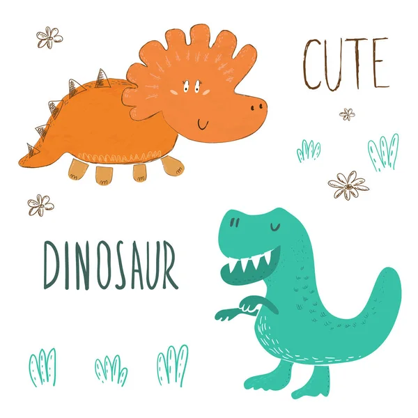 Söt handritad dinosaurier set. Vector print — Stock vektor