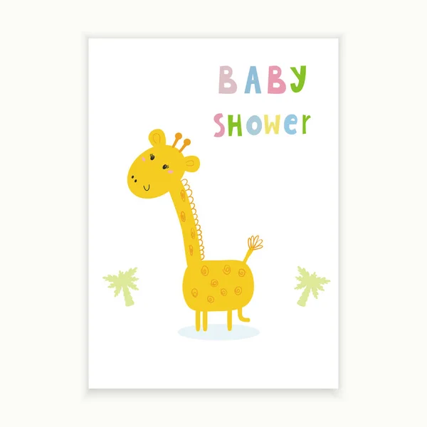 Diseño de la tarjeta Baby Shower. Bonita carta dibujada a mano con jirafa. plantilla imprimible . — Vector de stock