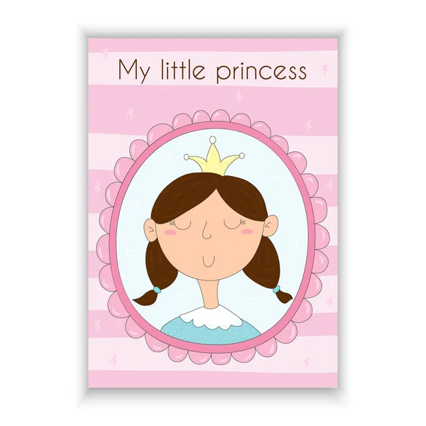 Bonita carta dibujada a mano con el retrato de una princesa en un marco. plantilla imprimible . — Vector de stock