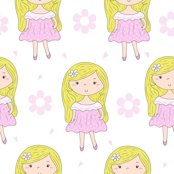 Cute hand drawn with cute little girl vector seamless pattern illustration — Stock Vector