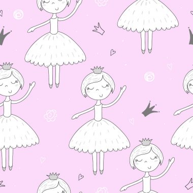 Şirin el sevimli küçük kız vektör Dikişsiz desen çizim ile çekilmiş