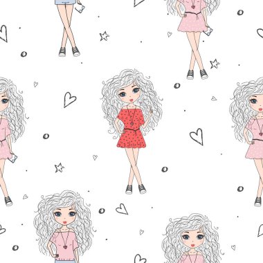 Şirin el sevimli küçük kız vektör Dikişsiz desen çizim ile çekilmiş