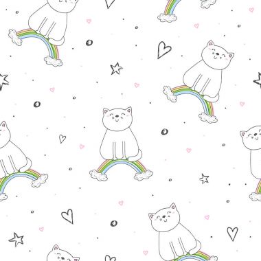 Şirin kedi üzerinde bir gökkuşağı, doodle gösterim amacıyla çocuklar vektör yazdırma ile çizilmiş seamless modeli el