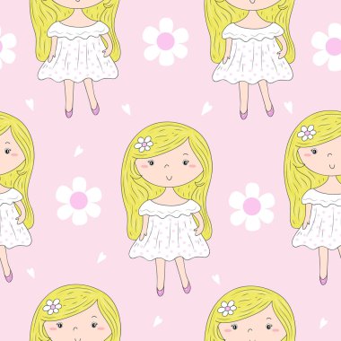 Şirin el sevimli küçük kız vektör Dikişsiz desen çizim ile çekilmiş