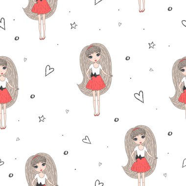 Şirin el sevimli küçük kız vektör Dikişsiz desen çizim ile çekilmiş