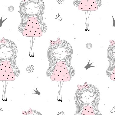 Şirin el sevimli küçük kız vektör Dikişsiz desen çizim ile çekilmiş