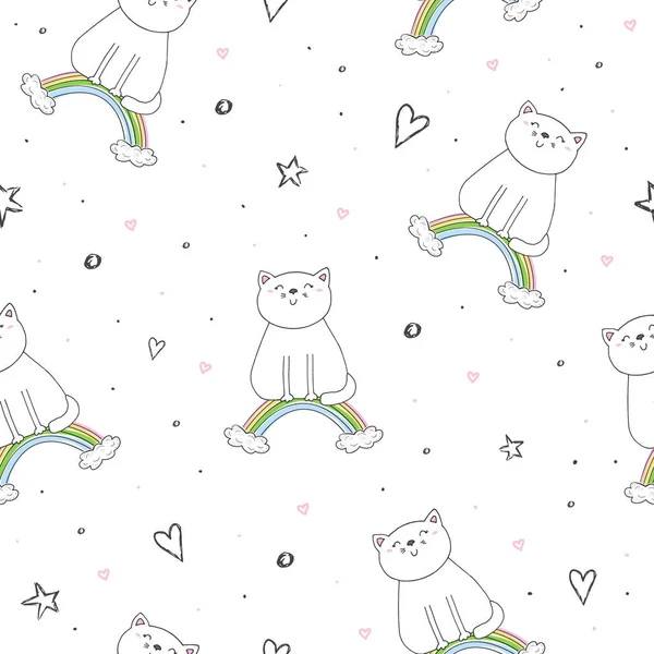 Dibujado a mano patrón sin costura con gato lindo en un arco iris, garabato ilustración para niños impresión vectorial — Archivo Imágenes Vectoriales