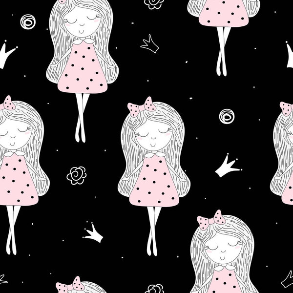 Cute hand drawn with cute little girl vector seamless pattern illustration