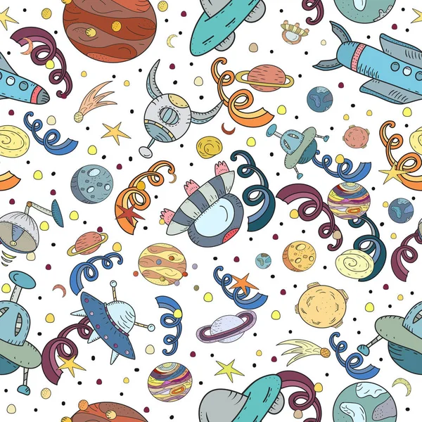 Cartoon hand-drawn space, planets seamless pattern. Lots of symbols, objects and elements. Printable templates — Stock Vector