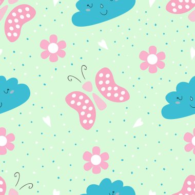 Şirin el çekilmiş seamless modeli kelebek ve bulut vektör çizim ile