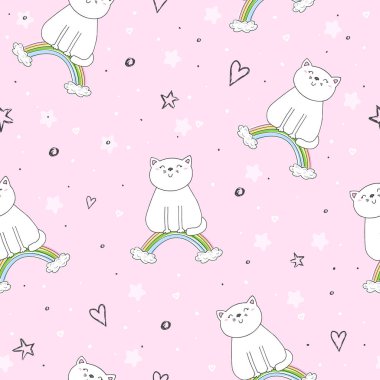Şirin kedi üzerinde bir gökkuşağı, doodle gösterim amacıyla çocuklar vektör yazdırma ile çizilmiş seamless modeli el