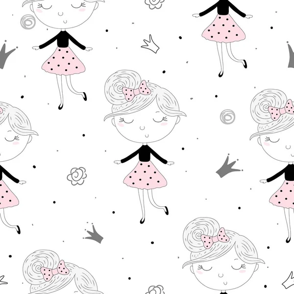 Cute hand drawn with cute little girl vector seamless pattern illustration — Stock Vector