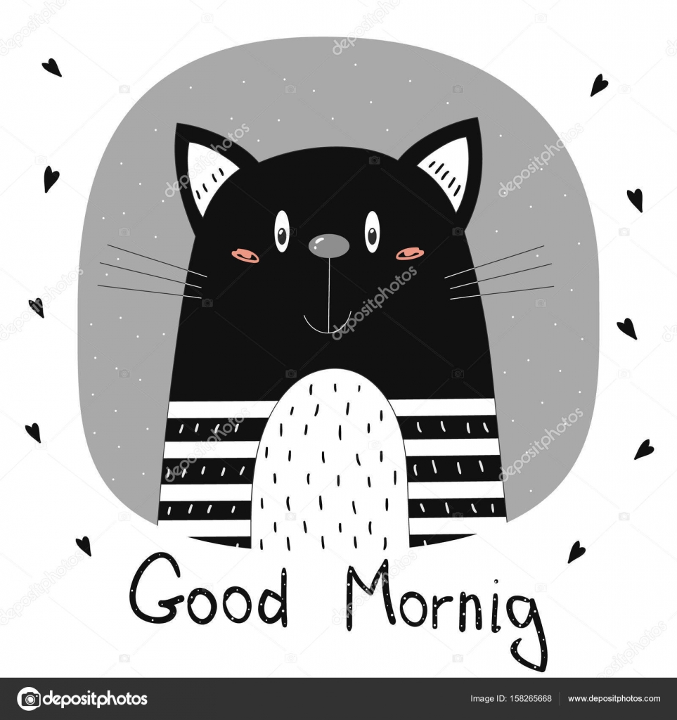 Good morning card. Hand Drawn cute Funny Cartoon vector cat print Stock  Vector Image by ©.com #158265668