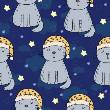 Şirin kedi ile çizilmiş seamless modeli el, Gösterim çocuklar vektör yazdırma amacıyla doodle