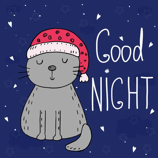 Buenas noches tarjeta vectorial con lindo divertido gato de dibujos animados  . — Vector de stock
