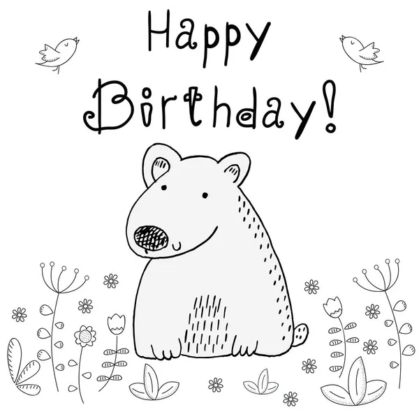 Happy birthday with cute hand drawn bear. vector print — Stock Vector