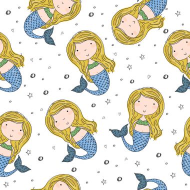 Elle çizilmiş ile Dikişsiz desen vektör küçük deniz kızı
