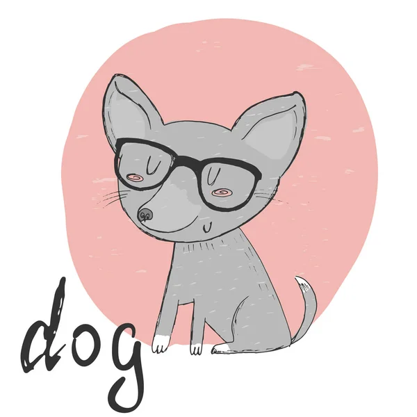 Piccolo, carino cucciolo con gli occhiali schizzo scarabocchio. Illustrazione vettoriale . — Vettoriale Stock