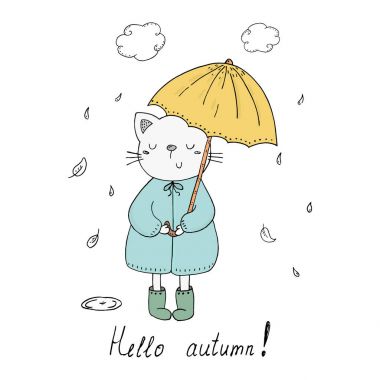 Sonbahar kart Merhaba. bir şemsiye vektörü ile yağmurda küçük kedi çizgi film tarzı yazdırma.
