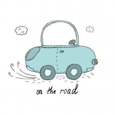 Yol kartında. Şirin el çekilmiş otomobil. vektör yazdırma