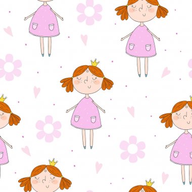 Şirin el sevimli küçük kız vektör Dikişsiz desen çizim ile çekilmiş