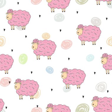 Komik koyun ile şirin seamless modeli. vektör çizim
