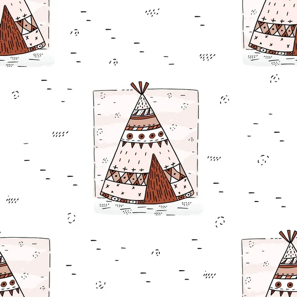 Disegnato a mano Carino modello senza cuciture con tee pipi wigwam, North American Indian teepee . — Vettoriale Stock