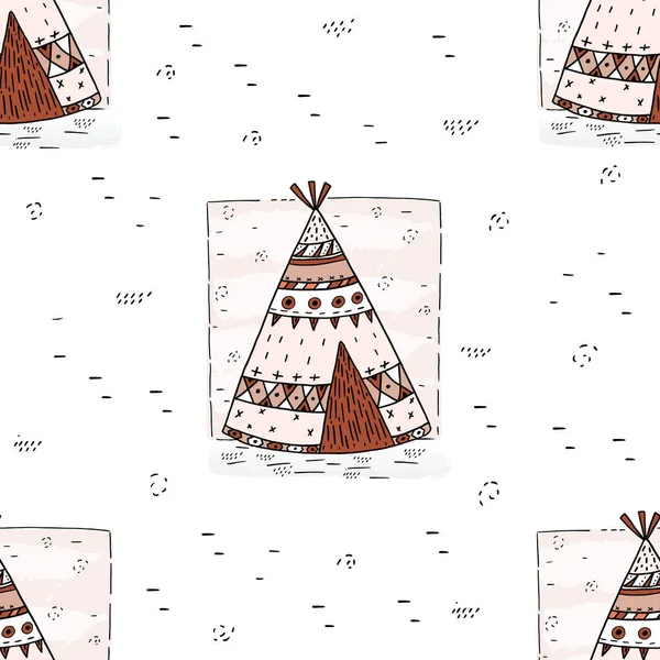 Padrão sem costura bonito desenhado à mão com tee pee wigwam, teepee indiano norte-americano . — Vetor de Stock