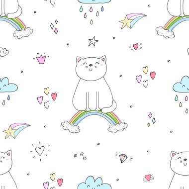 Şirin kedi üzerinde bir gökkuşağı, doodle gösterim amacıyla çocuklar vektör yazdırma ile çizilmiş seamless modeli el